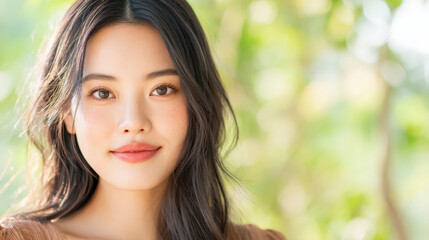 A young woman with long black hair smiling gently in a sunlit, leafy outdoor setting.