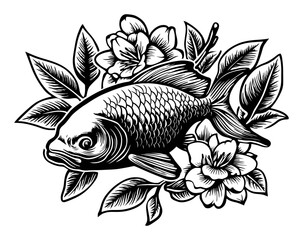 Fototapeta premium Engraved Goldfish Surrounded by Floral Elements in Black and White
