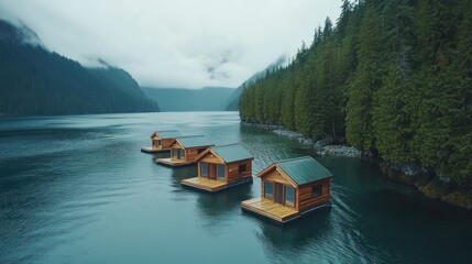 Naklejka premium Calm blue water gently touching edges of floating wood cabins in green forest