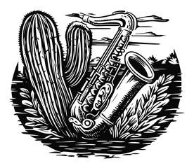 Elegant Engraving of Saxophone with Cactus in Desert Landscape