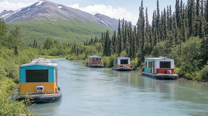 Naklejka premium Clear water stream running beside line of rustic raft-style floating cabins