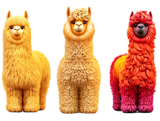 Three Colorful Llamas with Fur Standing on Transparent Background Illustration