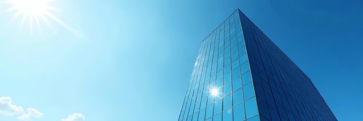 Obraz premium Modern glass building reflecting clear blue sky, futuristic architecture, urban design, modern, building, blue sky