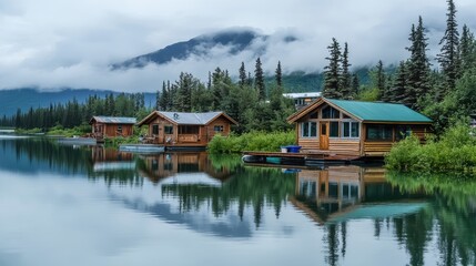 Obraz premium Emerald green water reflecting cloudy sky and rustic floating cabins