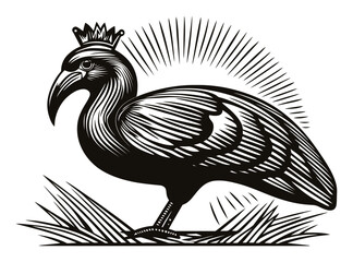 Engraved Bird with Crown and Rays of Light in Black and White