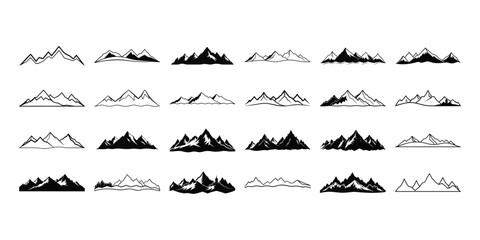 Various mountain range silhouettes are displayed in different black and white styles arranged in a neat row on a white background