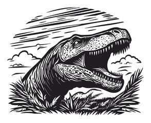 Detailed Engraving of a Roaring Tyrannosaurus Rex Dinosaur Head