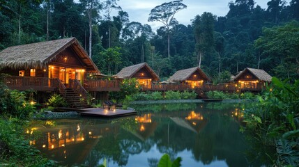 Fototapeta premium Golden hour lighting on wooden bungalow and calm lake reflections