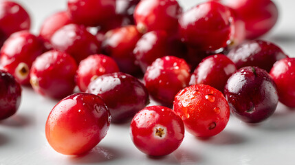 Close-Up View of Fresh Cranberries with Glossy Surface and Water Droplets on a Minimalist Background