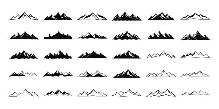 A collection of simple black and white mountain range illustrations displayed in rows with varying peaks and line styles