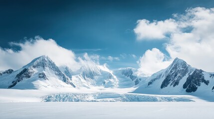 Majestic snow-capped mountains and glaciers under a vibrant blue sky.