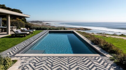 Fototapeta premium Oceanfront swimming pool with geometric tile patterns and vibrant summer decor