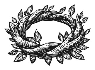 Obraz premium Intricate Engraving of a Leafy Wreath Design in Black and White
