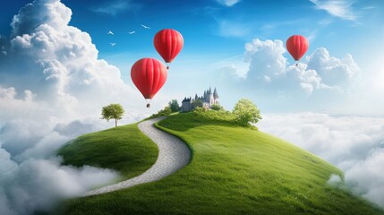 Fototapeta premium Scenic Landscape with Hot Air Balloons and Castle on a Hilltop