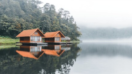 Fototapeta premium Peaceful lake scene with symmetrical reflection of floating bungalows