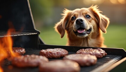 Golden retriever dog waits near grill for treat. Hungry pet watches cooking burgers on bar-b-q in backyard. Sunny summer day with anticipation and joyful mood, pets, food.