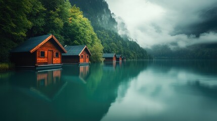 Fototapeta premium Raft-style cabins reflecting on emerald water under cloudy sky