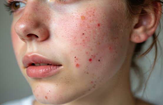 Close-up photo of teenager face with acne. Red pimples scars black dots, pores, inflammation on cheeks, chin. Problem skin condition concept requires skincare, treatment.