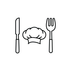 Chef hat, knife, and fork icon reflects culinary passion, professional kitchen tools, and fine dining vibes.