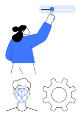 Woman interacting with slider control bar, facial recognition outline over human figure, gear icon. Ideal for technology, user interface, biometrics, automation, decision-making, programming