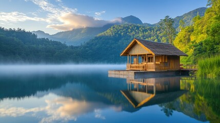 Fototapeta premium Tranquil morning at water resort with golden light and still lake surface