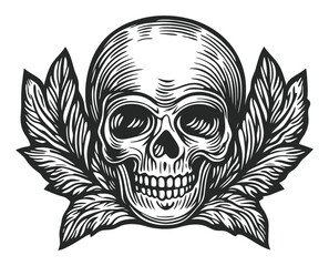Fototapeta premium Detailed Black and White Skull Engraving with Leaf Design