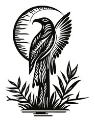 Obraz premium Detailed Black and White Engraving of a Stylized Bird Design