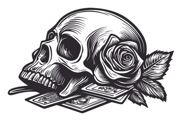 Skull Engraving with Rose and Playing Cards for Artistic Inspiration