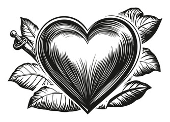 Heart Engraving with Leaves and Sword Design for Vintage Artwork