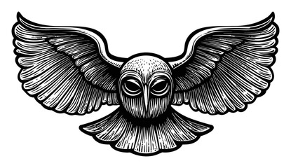 Obraz premium Intricate Black and White Engraving of an Owl with Outstretched Wings