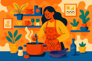 Smiling Woman Cooking in Colorful Retro Kitchen – Pop Art Style
