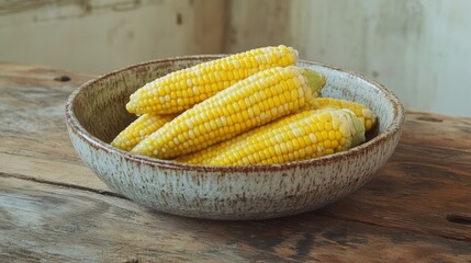 Freshly cooked sweetcorn in a rustic ceramic bowl on wooden surface, healthy vegetarian meal option