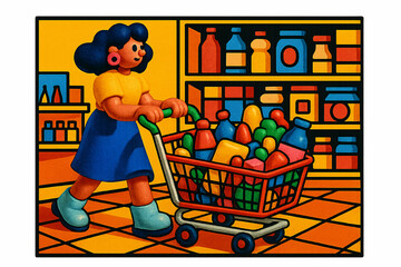 Woman Grocery Shopping with Full Cart in Colorful Supermarket Aisle – Retro Pop Art Style