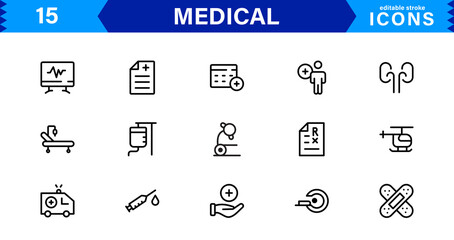 Medical Icon Set for Healthcare and Wellness Designs. Includes Symbols for Hospitals, Doctors, Patients, and Medical Tools in Vector Format.