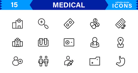 Medical Icon Set for Healthcare and Wellness Designs. Includes Symbols for Hospitals, Doctors, Patients, and Medical Tools in Vector Format.