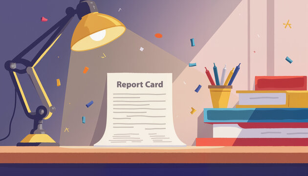Report Card under Desk Lamp with Colorful Confetti Background  