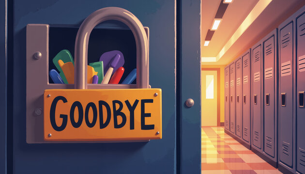 School locker with a goodbye sign and colorful contents  