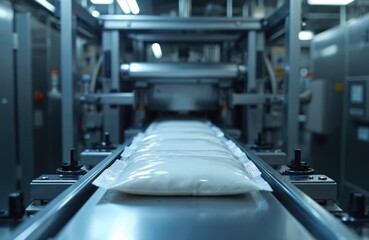 Automatic vacuum sealing machine line packaging food products in factory. Modern industrial production equipment with conveyor belt. Automated processing of dairy food products in food industry.