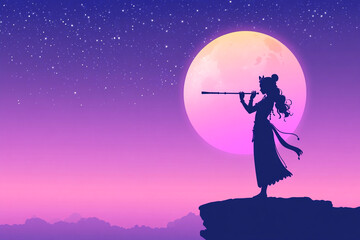 Silhouetted Woman Gazing Through Telescope at Night Sky with Large Moon