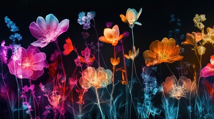 X-ray style image of a wildflower meadow with glowing, translucent petals in varying shapes and sizes. The ethereal, dreamy composition reveals delicate floral structures in stunning detail