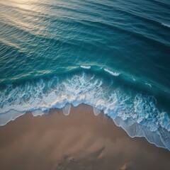 Fototapeta premium A breathtaking aerial view of the vast ocean, showcasing vibrant blue waters that shimmer under the sunlight, with gentle waves lapping against the shore and scattered white clouds above.