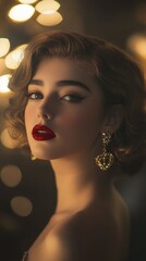 A classic beauty with retro waves in her hair, wearing elegant gold chandelier earrings