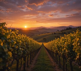 Fototapeta premium A picturesque vineyard at sunset, with rows of lush grapevines bathed in golden light. The sky is painted in hues of orange, pink, and purple, creating a serene atmosphere.