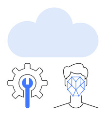Cloud icon with gear and wrench, alongside a face diagram featuring a recognition grid. Ideal for technology, AI, cloud computing, data security, innovation, biometrics tech service. Flat simple