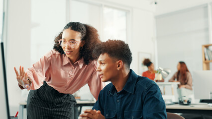 Computer, mentor and business people in training, help or advice for copywriting in creative...