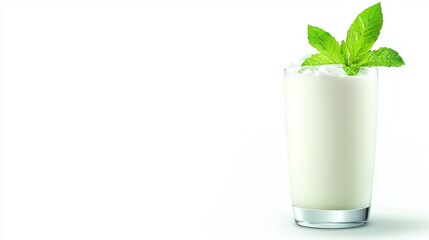 Cool and refreshing, a glass of milk with fresh mint leaf for healthy start 