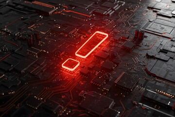cyberpunk style, Digital warning symbol amid code, symbolizing it support challenges. A digital art piece depicting a glowing red exclamation mark on a futuristic cityscape circuit board