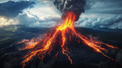 A powerful volcano erupts, releasing rivers of molten lava and billowing smoke into the sky. This raw spectacle showcases nature’s incredible force and beauty