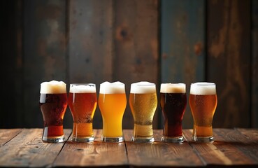 Six beer glasses different varieties on wooden table. Lager, stout, ales, dark and light. Brewery pub atmosphere. Beverages choice. Tasting, party, drinks, bar refreshment. Closeup shot.