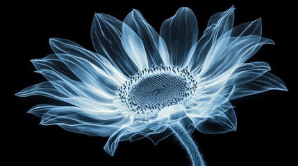A high-resolution X-ray view of a sunflower, its large petals glowing with delicate translucency, intricate central disk details, soft contrast, high-contrast black background